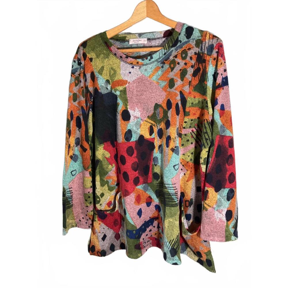 Jess & Jane Multicolor Long Sleeve Abstract Print Art to Wear Tunic 1X